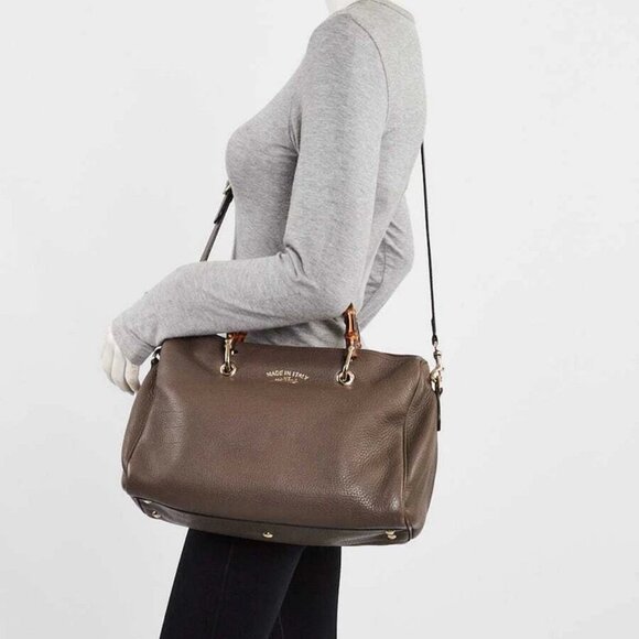 Gucci Grey Pebbled Leather Bamboo Shopper Boston Bag - Picture 2 of 12